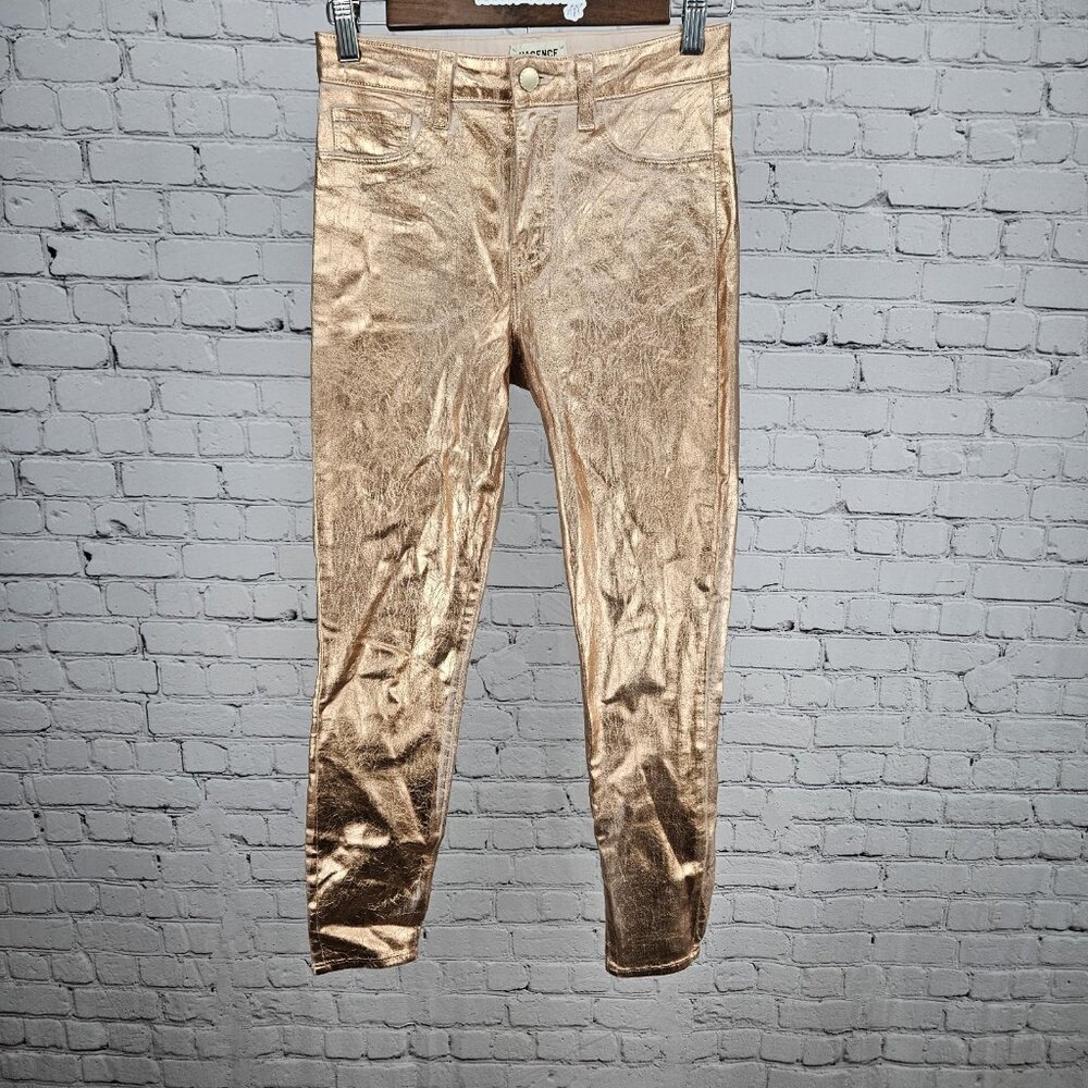 L'agence Petal Rose Gold Foil Margot Skinny Mid Rise Jeans Pants USA 27 (26x26)